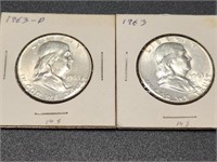 Two 1963 Franklin Half Dollars