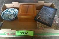 Enamelware / Wood Box Lot/ Porcelain Sailor