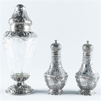 ANTIQUE STERLING SILVER SHAKERS & MUFFINEER