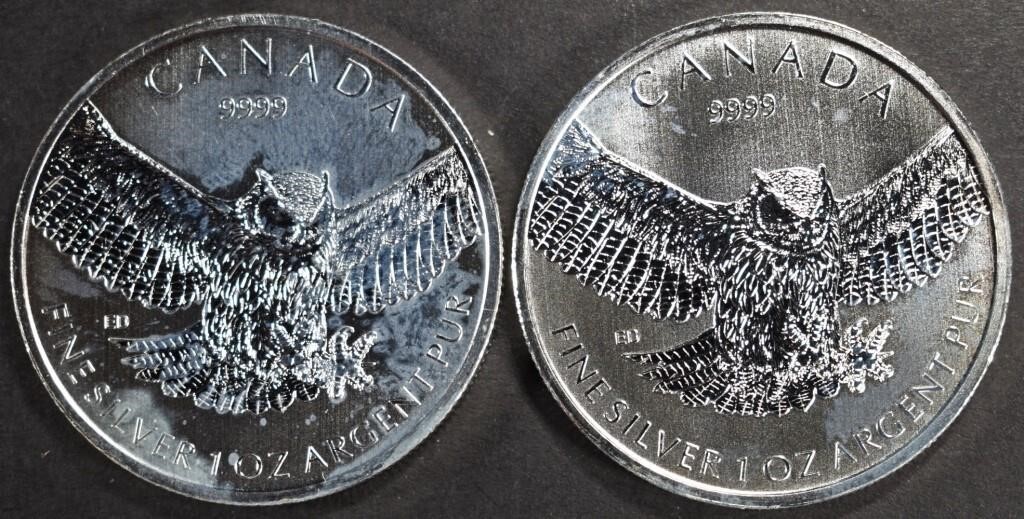 (2) 1 OZ .999 SILVER 2015 CANADIAN OWL ROUNDS