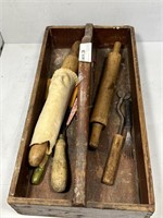 Utensil caddy with rolling pins & assorted Bakelit