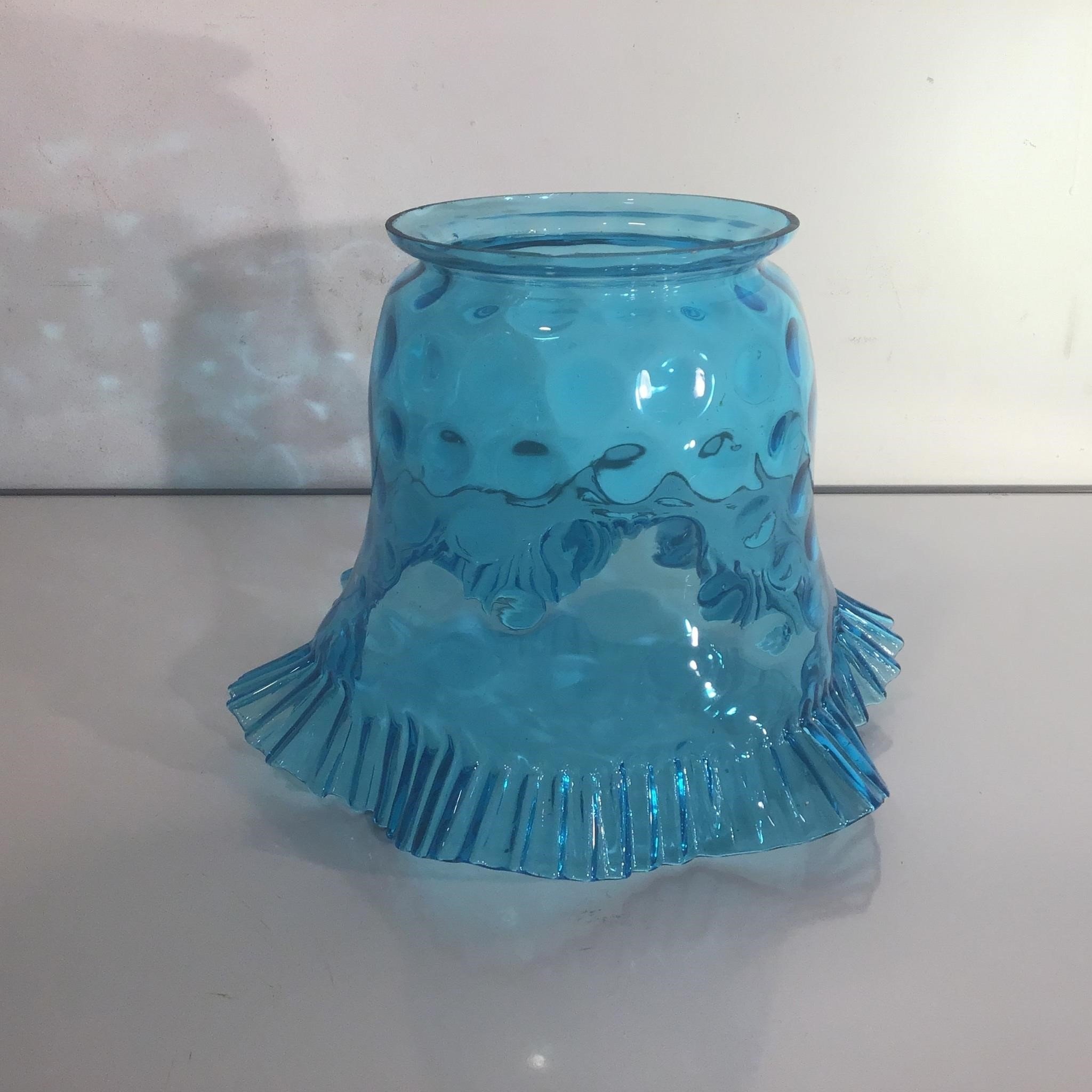 TEAL BLUE RUFFLED GLASS LAMP SHADE