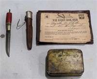 (AB) Vtg knife with case, Gut Plug tin, WWII