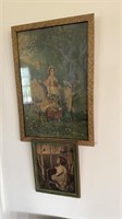 Two framed antique prints, a woman with two cows,