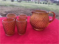 Fenton Amber hobnail pitcher and glasses