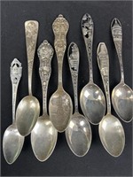 Eight Sterling, silver souvenir, spoons, Detroit,