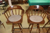 2 Pine Finish Swivel Bar Stools With Foot Rail