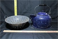 Antique Granite Ware Colander & Tea Pot Kettle