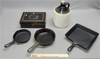 Cast Iron Skillets, Stoneware Jug, Tin Lock Box