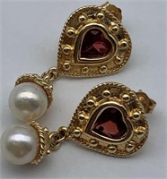 Pair Of 14k Gold, Red Stone & Pearl Earrings