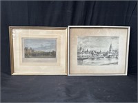 Pair of framed art antique hand colored etching &