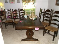 WOODEN DINING ROOM TABLE AND 6 CANE BOTTOM CHAIRS