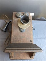 Antique Oak Kellogg hanging wall telephone