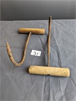 2 Antique Metal and wood hay hooks