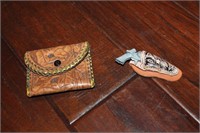 Vintage leather coin purse, tiny toy gun/case