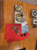 Jewelry lot of pins, necklaces, buttons, mirrors,