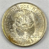 1953 Mexico Silver 5 Pesos Coin, Luster/Tone