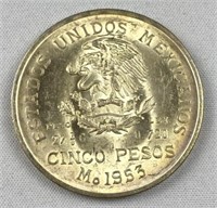 1953 Mexico Silver 5 Pesos Coin, Luster/Tone