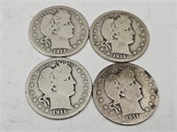 4 Silver Barber 1911 Quarter Coins