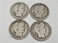 4 Silver Barber 1911 Quarter Coins