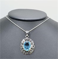Sterling Silver Ornate Blue Topaz Necklace