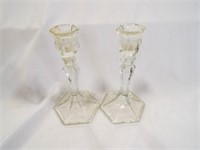 (2) Vintage Crystal Glass Candlesticks Hexagon