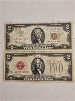2-RED LETTER 2 DOLLAR BILLS-1928G, 1963A