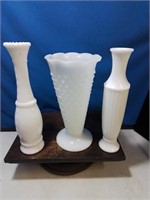 Group of 3 milk glass bases one is hob nail