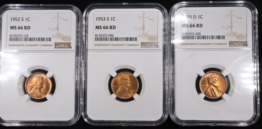 1952-S, 1953-S, 1955-D LINCOLN CENTS NGC MS66 RD