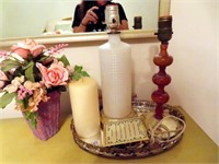 MIRRORED DRESSER TRAY, 2 LAMPS, CANDLE & ARTIFICIA