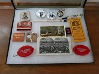 Display case of stockyard memorabilia