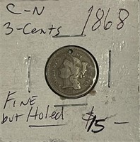 US 1868 3 Cent Piece - has hole