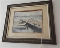 Framed Watercolor of boats tied to dock
