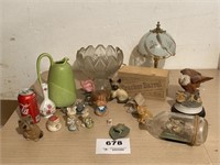 FIGURINES, PITCHER, LAMP, SHIP IN BOTTLE, ETC