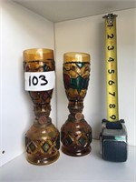Vintage Pair Of Stained Glass Kerosene Lamps