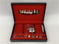 Jewelry Box w/Men's Tie Tacks, Lighter, Knife, etc