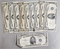 (10) 1953 $5 SILVER CERTIFICATES