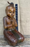 Wood carved & hand painted kneeling boy