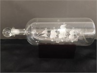 Hand Crafted Glass Ship in Bottle w/Wood Base