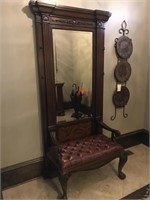 MIRRORED HALL TREE WITH LEATHER SEAT