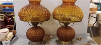 Vintage Amber Glass Hurricane Lamps 17" Works. (1