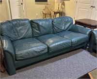 3 Seat Teal Leather Sofa 34” W x 28” H x 80” L