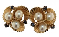 14kt Gold Vintage Pearl & Sapphire Clip Earrings