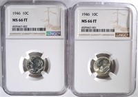 2-1946 ROOSEVELT DIMES, NGC MS-66 FULL TORCH