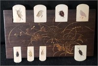 Vintage mother of pearl, wood and bone insects