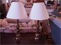 Pair of heavy brass table lamps with white
