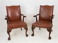 Pair Leather & Mahogany Armchairs