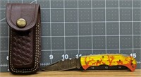 damascus steel Pocket knife w/ leather belt holder