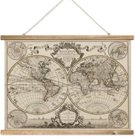 Vintage World Map Print on Cloth with Wooden