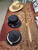 Cane, yardstick, & hats